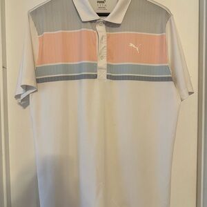 Puma Men's Polo Shirt in White with Blue and Pink Stripes